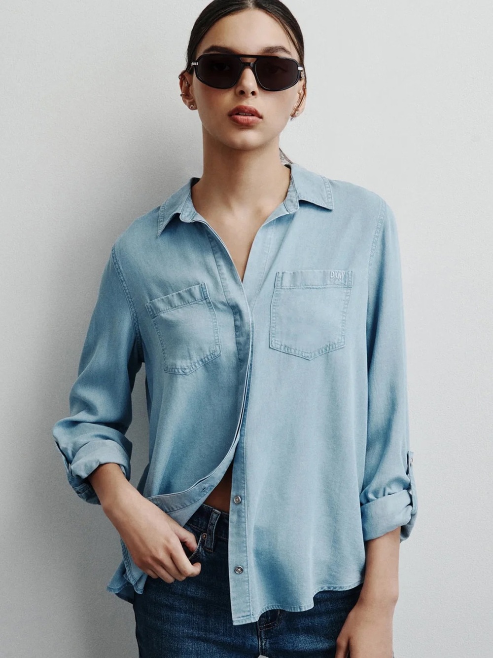 DKNY Light Blue Striped Button-Front Blouse
